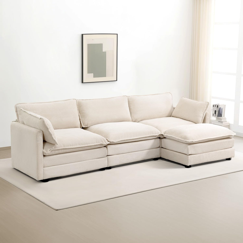 🛋️ 112" Oversized Modular Sectional Sofa with Movable Ottoman – Plush Corduroy L-Shaped Couch for Cozy Living Room & Home Office ✨