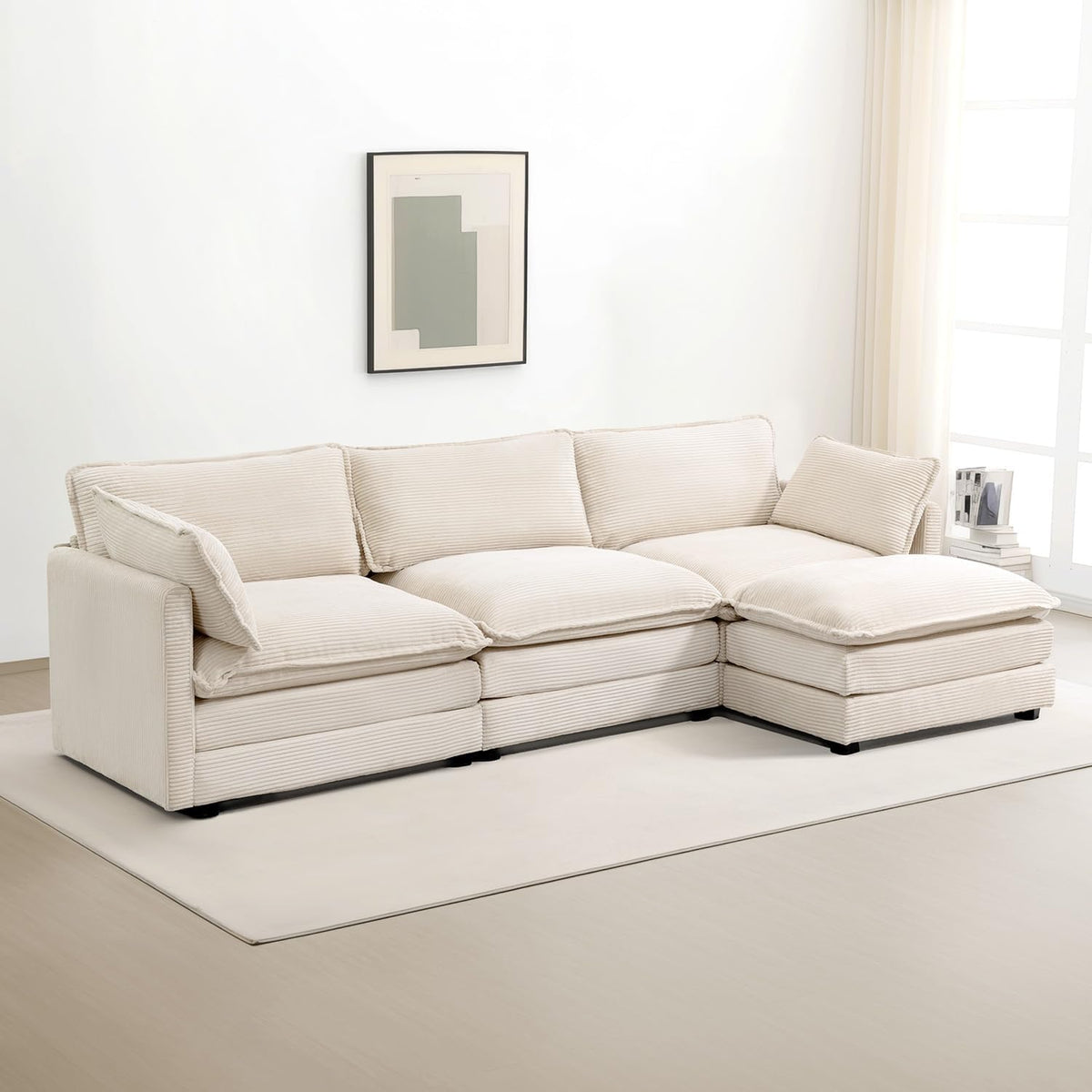 🛋️ 112" Oversized Modular Sectional Sofa with Movable Ottoman – Plush Corduroy L-Shaped Couch for Cozy Living Room & Home Office ✨