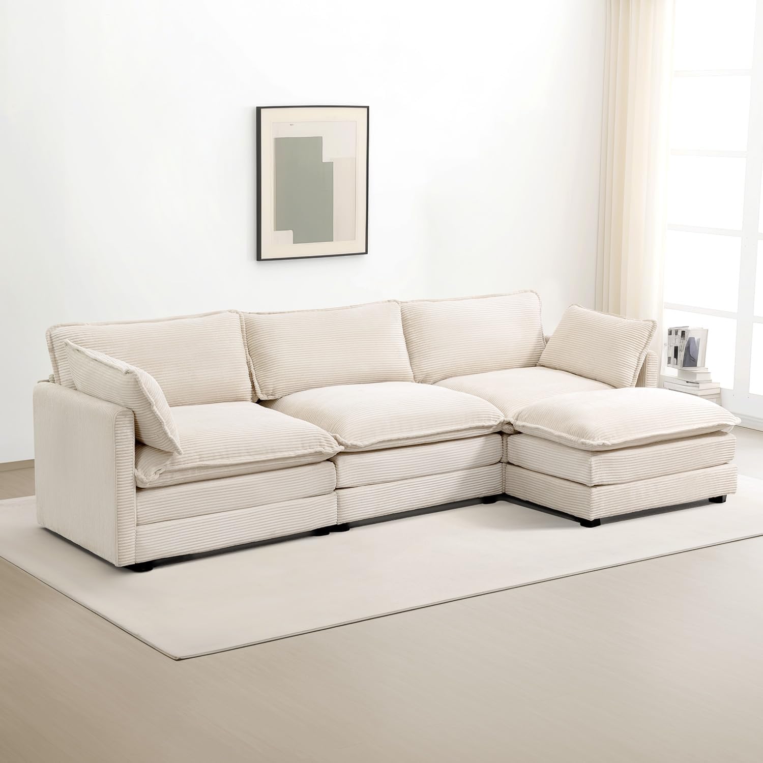 🛋️ 112" Oversized Modular Sectional Sofa with Movable Ottoman – Plush Corduroy L-Shaped Couch for Cozy Living Room & Home Office ✨