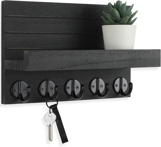 🗝️ Rustic Wall-Mounted Key & Mail Organizer – 5-Hook Entryway Storage Shelf for Keys, Bags & Coats 🏡 ```