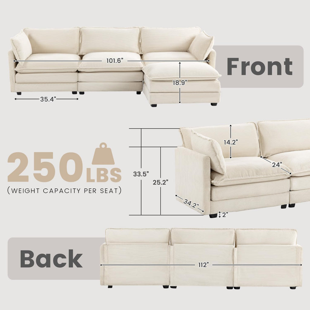 🛋️ 112" Oversized Modular Sectional Sofa with Movable Ottoman – Plush Corduroy L-Shaped Couch for Cozy Living Room & Home Office ✨