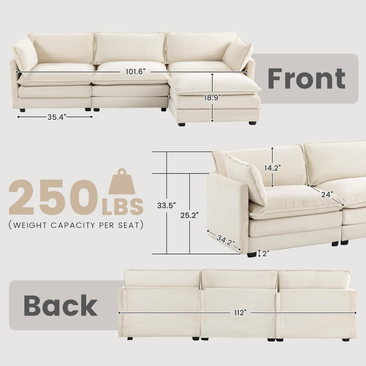 🛋️ 112" Oversized Modular Sectional Sofa with Movable Ottoman – Plush Corduroy L-Shaped Couch for Cozy Living Room & Home Office ✨