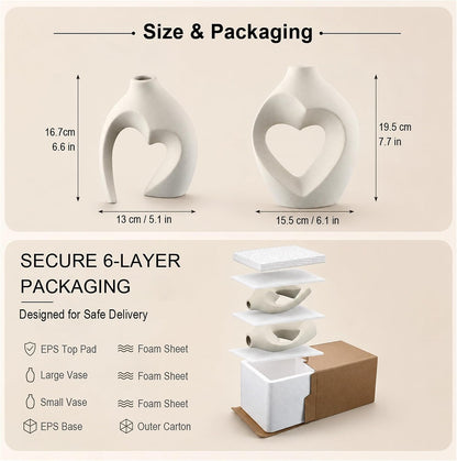 🤍 Heart-Shaped Ceramic Vase Set of 2 – Minimalist White Flower Vases for Boho, Farmhouse & Modern Home Decor ✨ ```