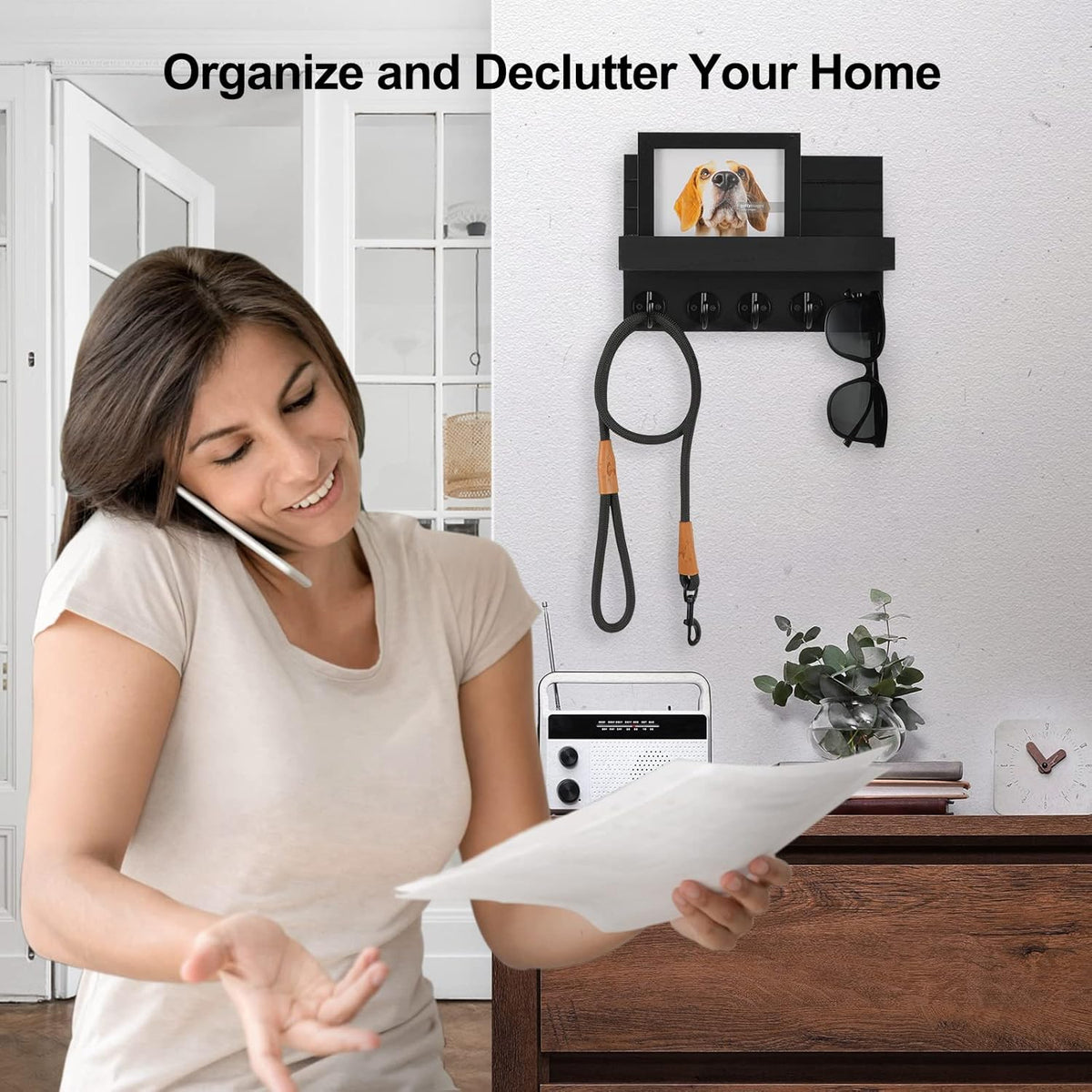 🗝️ Rustic Wall-Mounted Key & Mail Organizer – 5-Hook Entryway Storage Shelf for Keys, Bags & Coats 🏡 ```