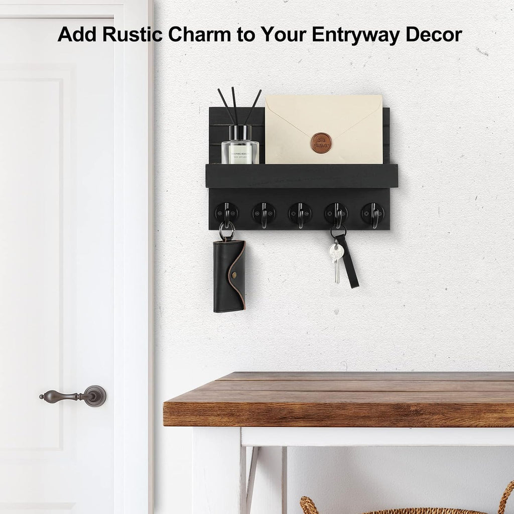 ```text 🗝️ Rustic Wall-Mounted Key & Mail Organizer – 5-Hook Entryway Storage Shelf for Keys, Bags & Coats 🏡 ```