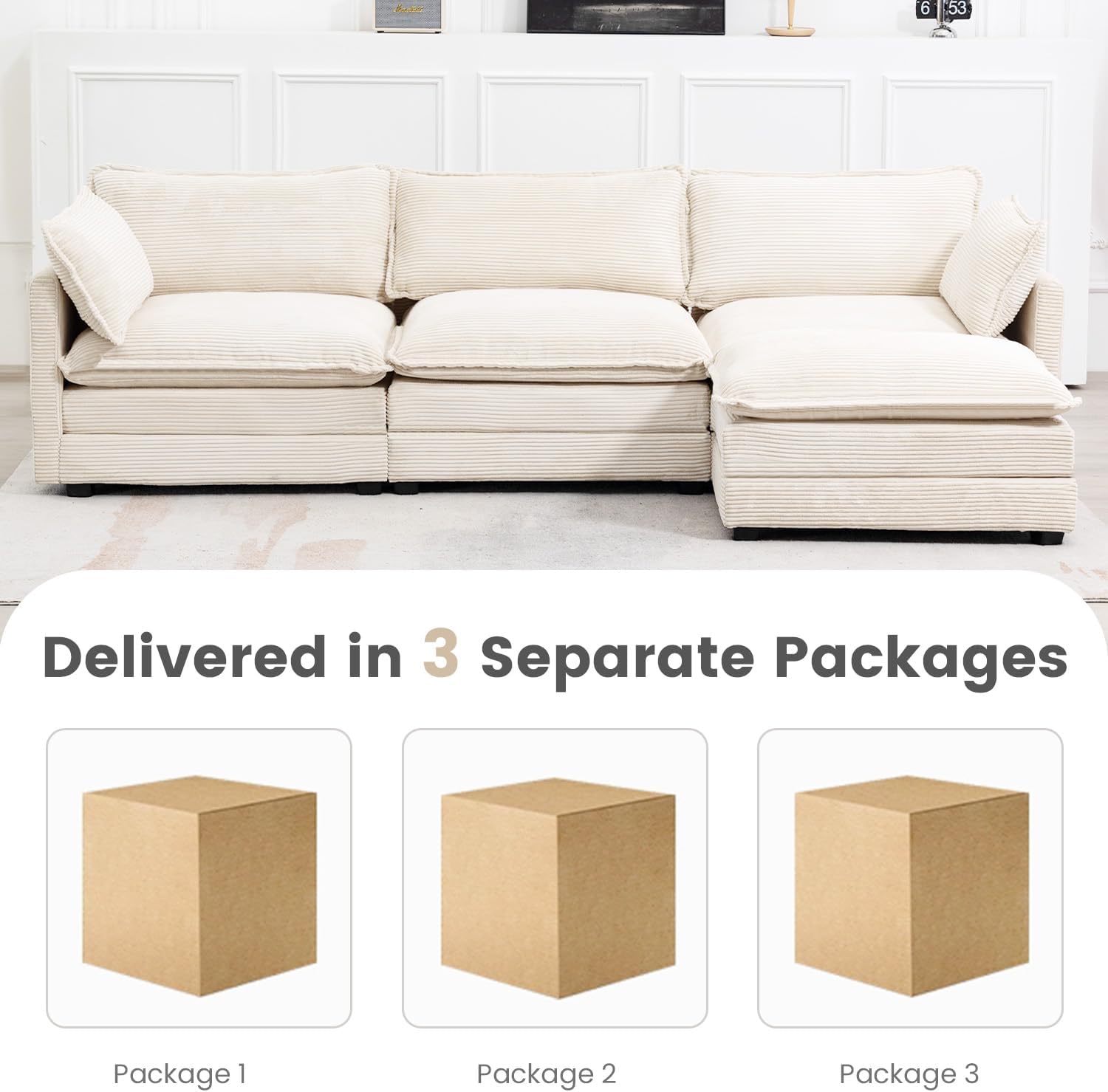 🛋️ 112" Oversized Modular Sectional Sofa with Movable Ottoman – Plush Corduroy L-Shaped Couch for Cozy Living Room & Home Office ✨