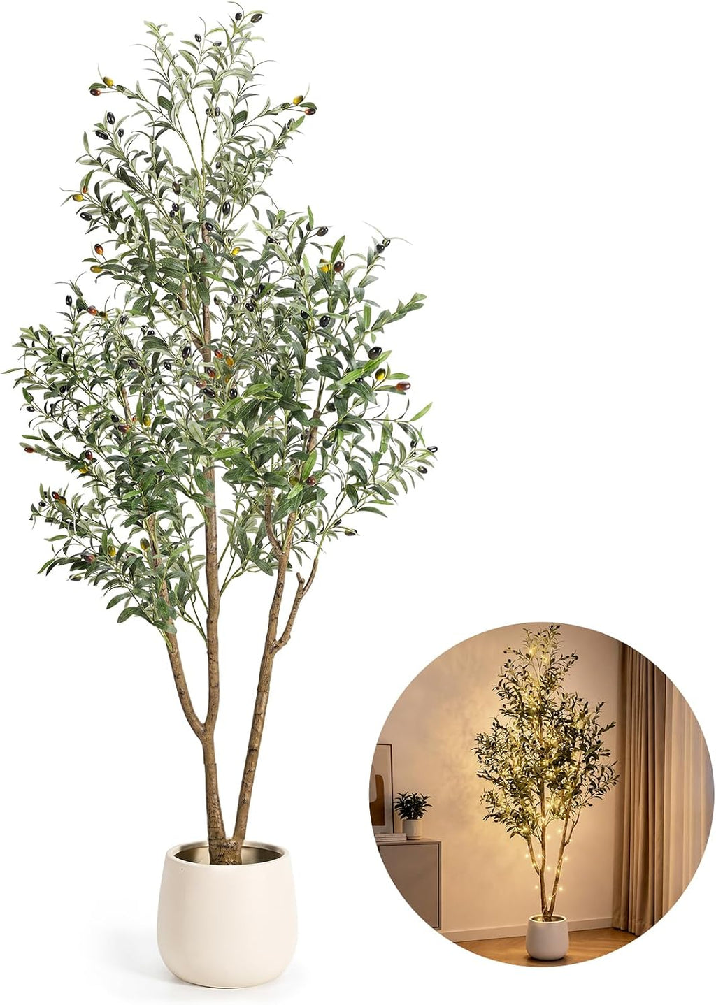 🌿 6FT Artificial Olive Tree with Warm LED Lights & Planter – Lifelike Faux Tree for Cozy Home, Bedroom & Living Room Decor ✨