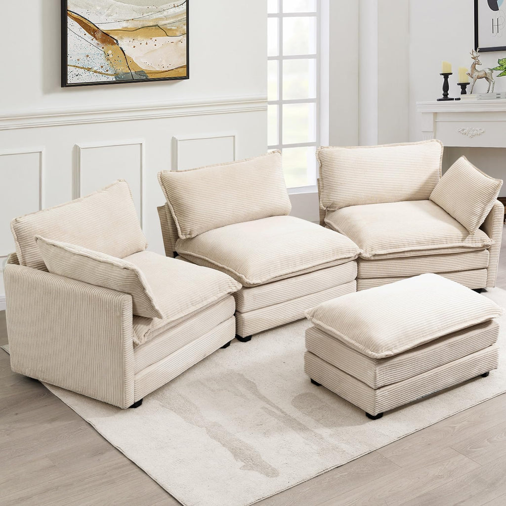 🛋️ 112" Oversized Modular Sectional Sofa with Movable Ottoman – Plush Corduroy L-Shaped Couch for Cozy Living Room & Home Office ✨