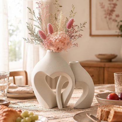 🤍 Heart-Shaped Ceramic Vase Set of 2 – Minimalist White Flower Vases for Boho, Farmhouse & Modern Home Decor ✨ ```