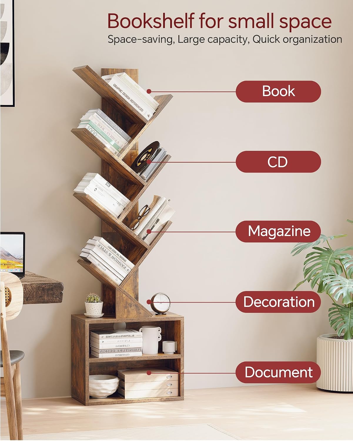 ```text 🌿 6-Tier Tree Bookshelf with Storage Cabinets – Slim Freestanding Bookcase & Display Organizer for Small Spaces 📚✨ ```
