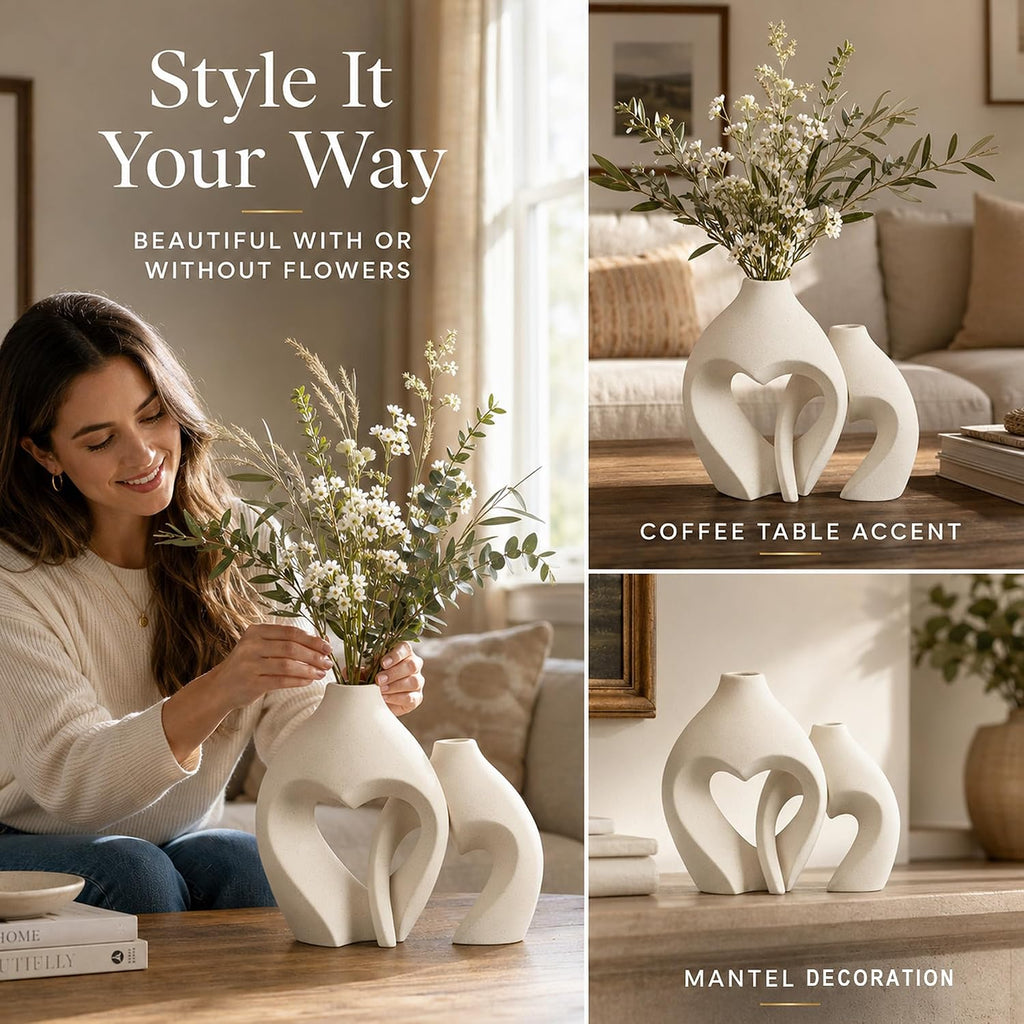 ```text 🤍 Heart-Shaped Ceramic Vase Set of 2 – Minimalist White Flower Vases for Boho, Farmhouse & Modern Home Decor ✨ ```