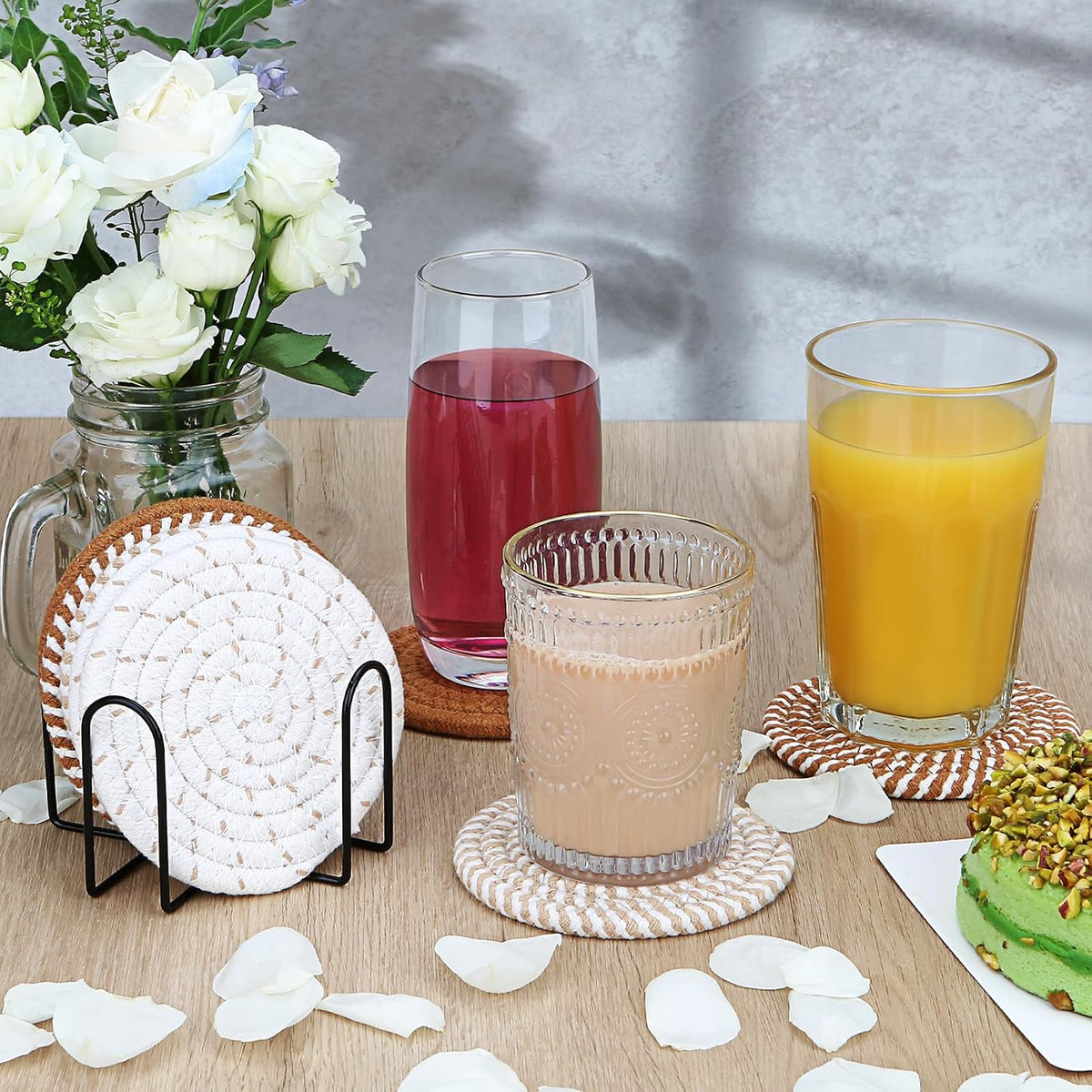 ✨ Boho Cotton Coasters Set of 8 with Holder – Absorbent Heat-Resistant Drink Coasters for Coffee Table & Home Decor 🏡 ```