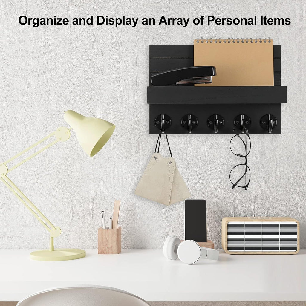 ```text 🗝️ Rustic Wall-Mounted Key & Mail Organizer – 5-Hook Entryway Storage Shelf for Keys, Bags & Coats 🏡 ```