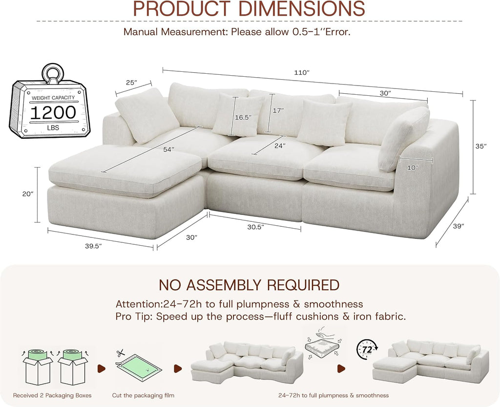✨ 110" Oversized Cloud Sectional Sofa – Deep Seat L-Shaped Couch with Ottoman, Plush Chenille & Memory Foam for Cozy Living Rooms 🛋️