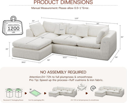 ✨ 110" Oversized Cloud Sectional Sofa – Deep Seat L-Shaped Couch with Ottoman, Plush Chenille & Memory Foam for Cozy Living Rooms 🛋️